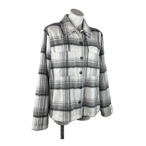 Melloday Jacket Shacket White Gray Plaid Waist Length Button Up Pocket Womens XL